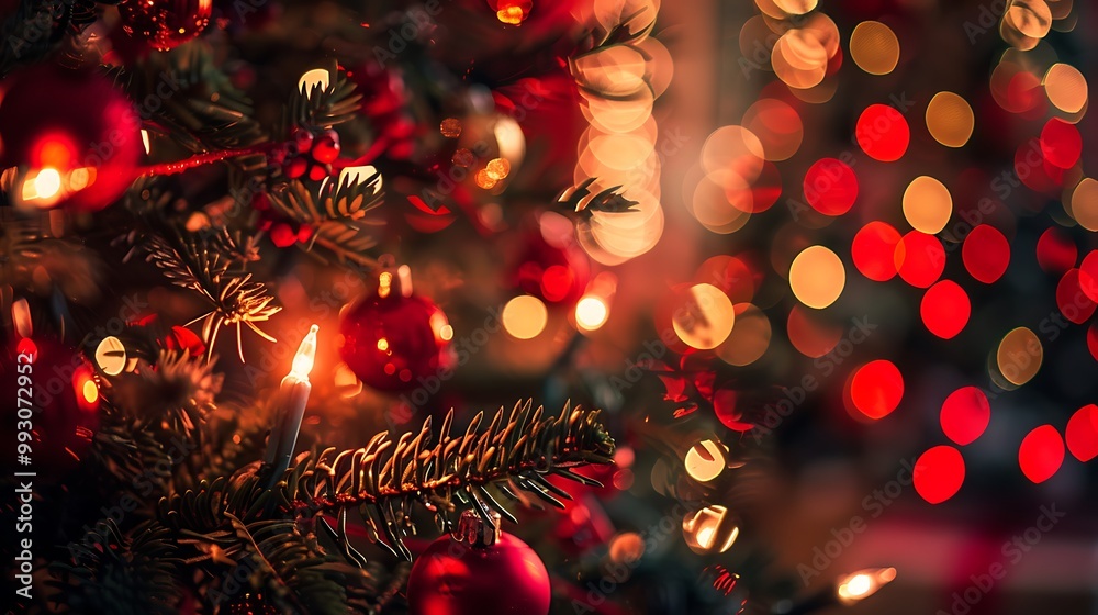 Closeup of Christmas Tree Ornaments with Red and Gold Bokeh Lights Closeup of Christmas Tree Ornaments with Red and Gold Bokeh Lights