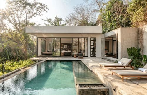 the front view, small swimming pool, and garden in a minimalist-style Bali villa with white walls, bright light, and daylight. photo