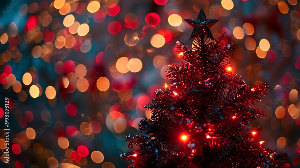 Red Christmas Tree with Lights and Bokeh Background Illustration