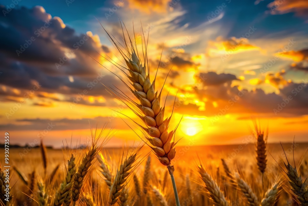 A wheat spike stands elegantly against a breathtaking sunset sky, highlighting nature's beauty in harvest time and the A wheat spike stands elegantly against a breathtaking sunset sky, highlighting nature's beauty in harvest time and the