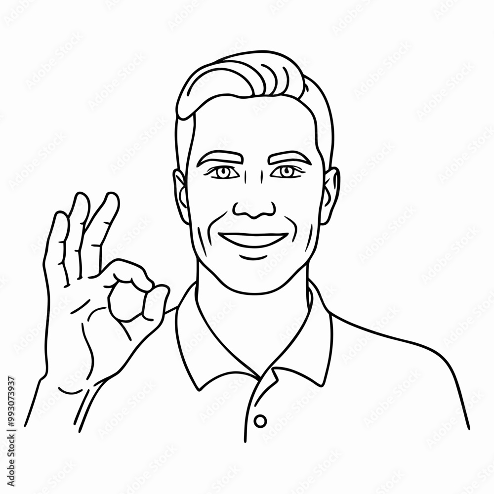 Vector illustration of a smiling man showing an 'OK' gesture with a friendly expression Vector illustration of a smiling man showing an 'OK' gesture with a friendly expression