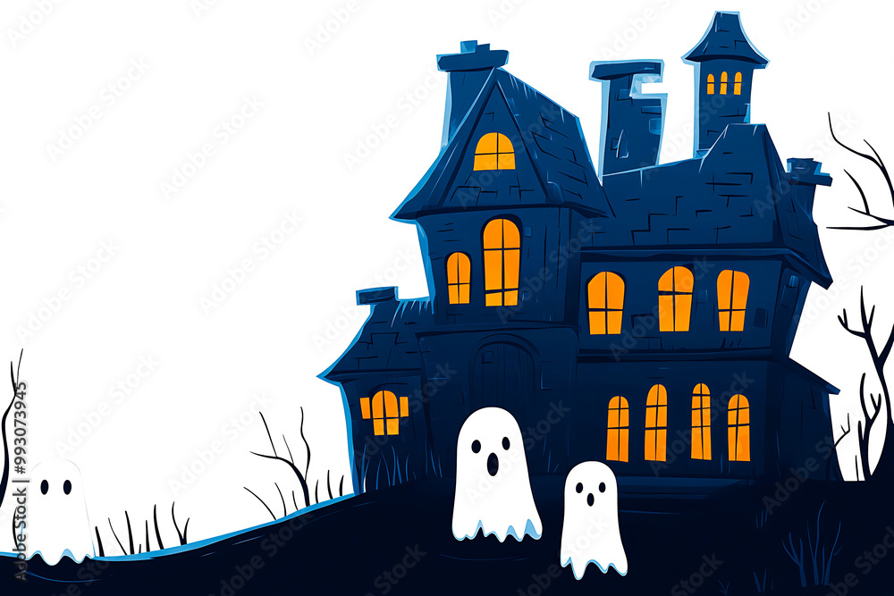 a haunted house with cute ghosts peeking out, white background. a haunted house with cute ghosts peeking out, white background.