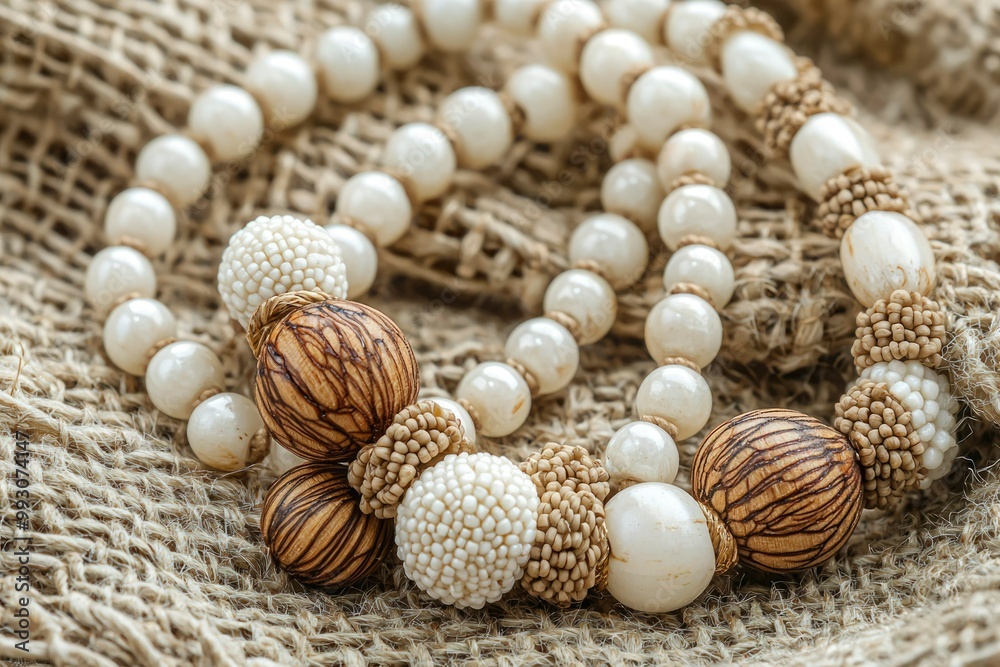 A Close-Up of a White and Brown Beaded Necklace on Burlap A Close-Up of a White and Brown Beaded Necklace on Burlap