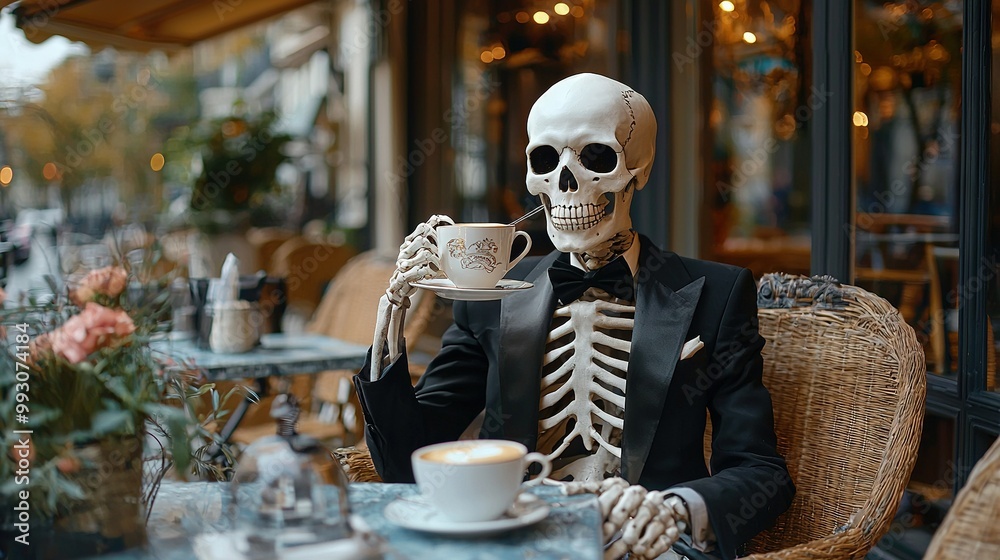 A man sits at a table with a cup of coffee in one hand and a spoon in the other A man sits at a table with a cup of coffee in one hand and a spoon in the other