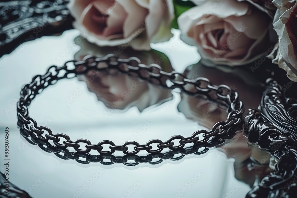 Black Chain Reflected in Mirror with Flowers