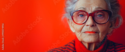 Confident senior woman with red glasses against vibrant background. Aging gracefully and fashion concepts. Place for text