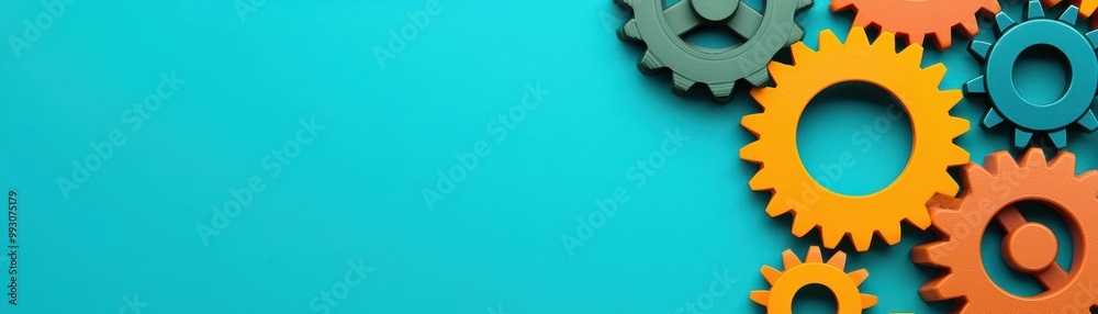 Colorful gears on a vibrant background symbolize innovation and teamwork in engineering and design fields. Colorful gears on a vibrant background symbolize innovation and teamwork in engineering and design fields.