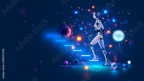 AI or artificial intelligence learning. Machine learning of artificial neural networks. Woman robot or cyborg with AI goes up sci-fi futuristic stairs in cyberspace. AI robotics future technology.