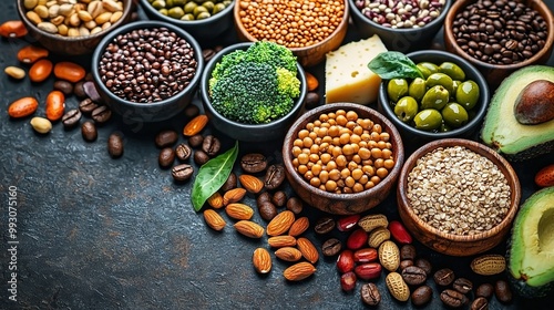   A variety of nuts, avocados and other foods are arranged in small bowls on a dark surface