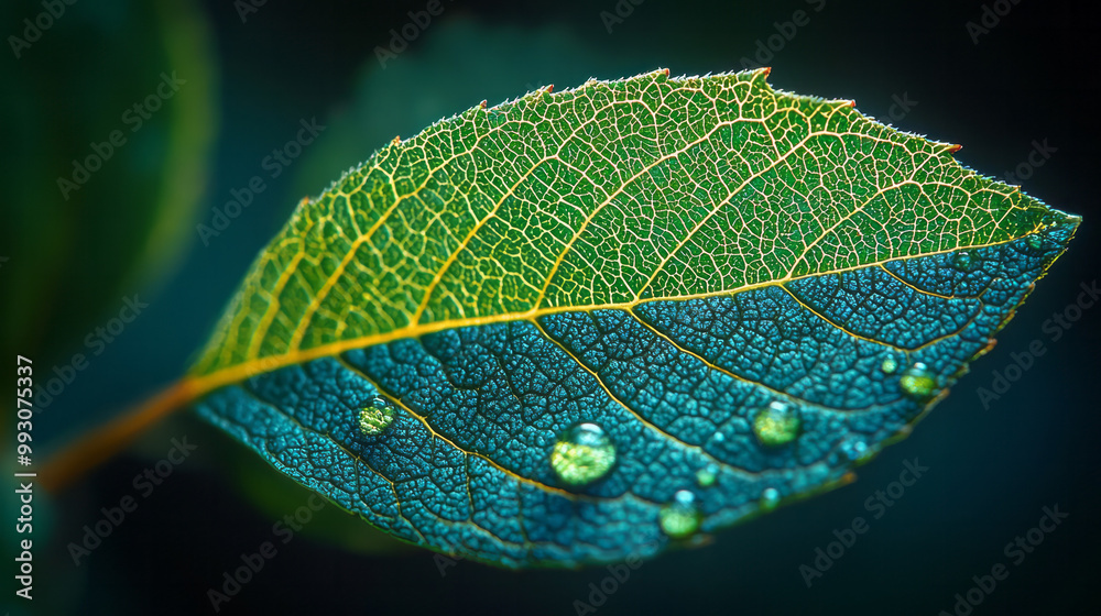 Fototapeta premium A macro shot of a leaf under a microscope, showcasing its tiny cells and intricate vein network,