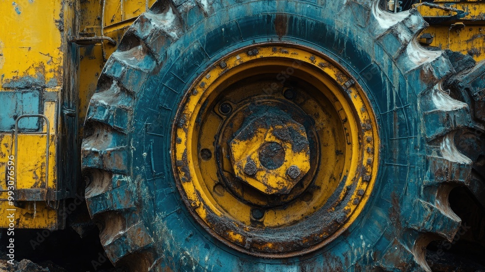 Close-up of a weathered, blue tire. Perfect for illustrating concepts of industry, work, and construction. Close-up of a weathered, blue tire. Perfect for illustrating concepts of industry, work, and construction.
