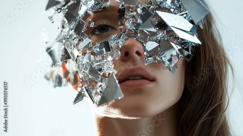   A close-up of a woman's face with numerous mirrors adorning her features and a full-face mirror reflecting her expression photo