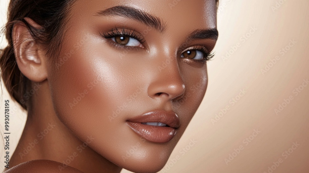 Beautiful young latin woman with perfect tan skin and makeup is posing in a studio setting, showcasing a natural and glowing complexion Beautiful young latin woman with perfect tan skin and makeup is posing in a studio setting, showcasing a natural and glowing complexion
