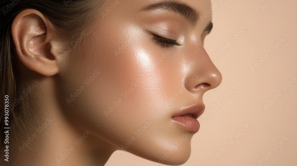 Close-up beauty portrait of a young caucasian woman with big brown eyebrows and perfect skin with a natural glow, posing on a beige background Close-up beauty portrait of a young caucasian woman with big brown eyebrows and perfect skin with a natural glow, posing on a beige background