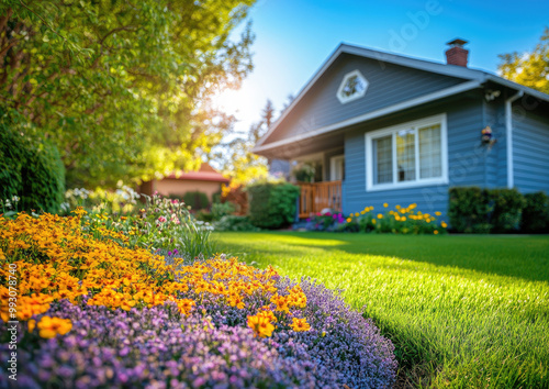 an American-style home with a grey exterior and colorful landscaping in the front yard, featuring vibrant green grass, yellow flowers, purple shrubs, white trim on the windows, a wooden porch