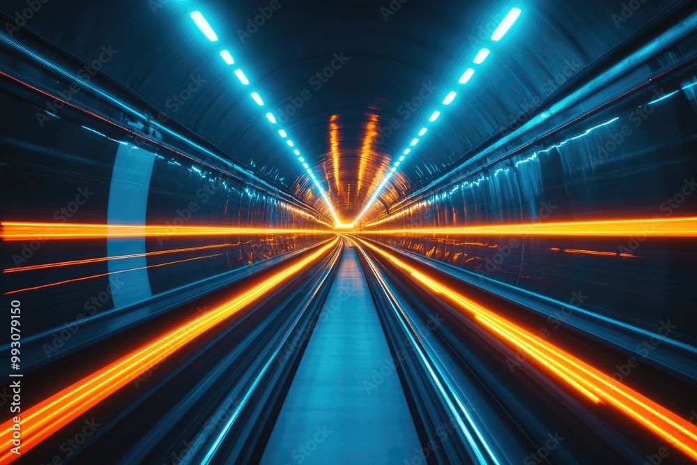 Neon lights illuminate a tunnel. Perfect for futuristic or sci-fi concepts.