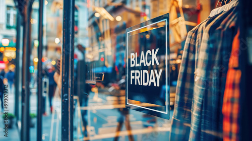 Texte Black friday collé sur une vitrine de magasin de vêtement pour les soldes d'hiver	
 photo