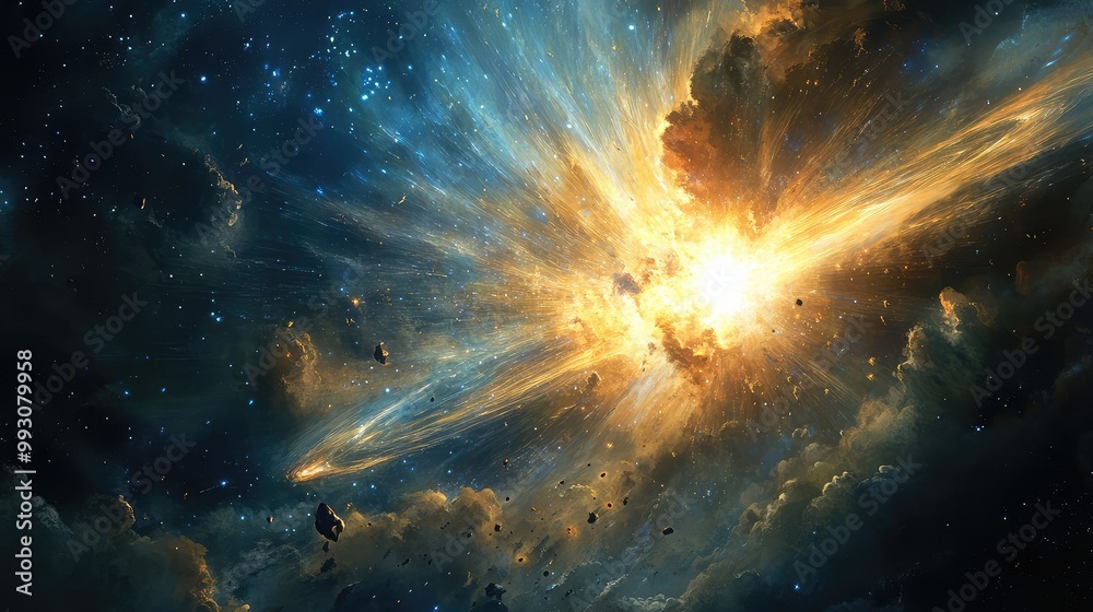 Artistic depiction of a meteoroid crashing into a distant, darkened star, creating a luminous burst Artistic depiction of a meteoroid crashing into a distant, darkened star, creating a luminous burst