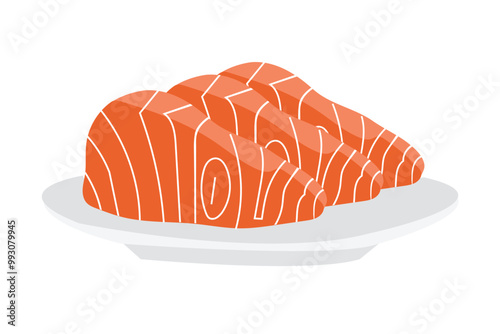Slices of Salmon fish with plate isolated on white background. Vector illustration in cartoon flat style. Seafood icon. Japanese delicacy Fresh raw fish Sashimi