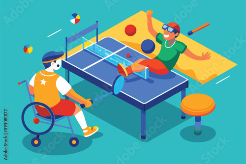 Two athletes engage in a lively game of table tennis, showcasing skill and determination in a colorful arena, Customizable table tennis illustration for Paralympics.