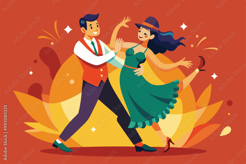 A cheerful couple dances the tango in a lively and colorful setting, showcasing their passion for music and movement, Customizable Tango flat illustration A cheerful couple dances the tango in a lively and colorful setting, showcasing their passion for music and movement, Customizable Tango flat illustration