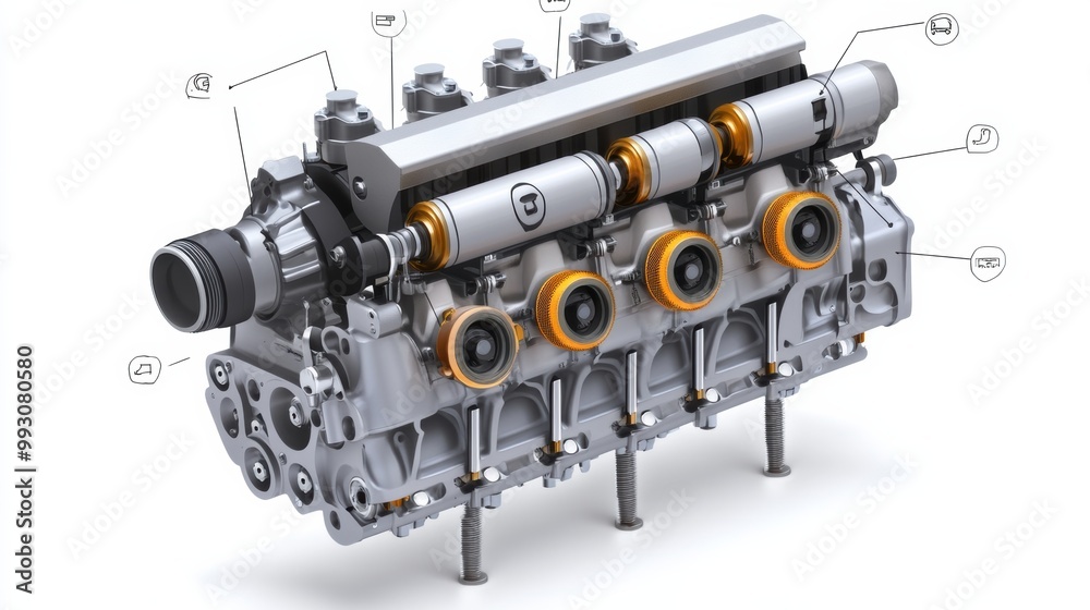 Detailed Engine Block with Components and Annotations Detailed Engine Block with Components and Annotations
