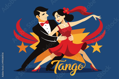 A joyful couple performs a passionate tango dance, showcasing their elegant moves and stylish outfits, Customizable Tango Illustration
