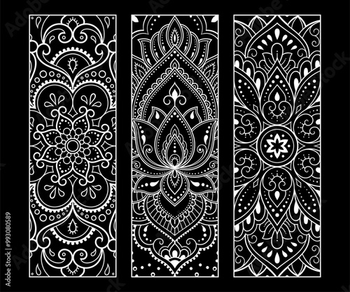 Printable bookmark for book - coloring. Set of black and white labels with flower patterns, hand draw in mehndi style. Sketch of ornaments for creativity of children and adults with colored pencils.