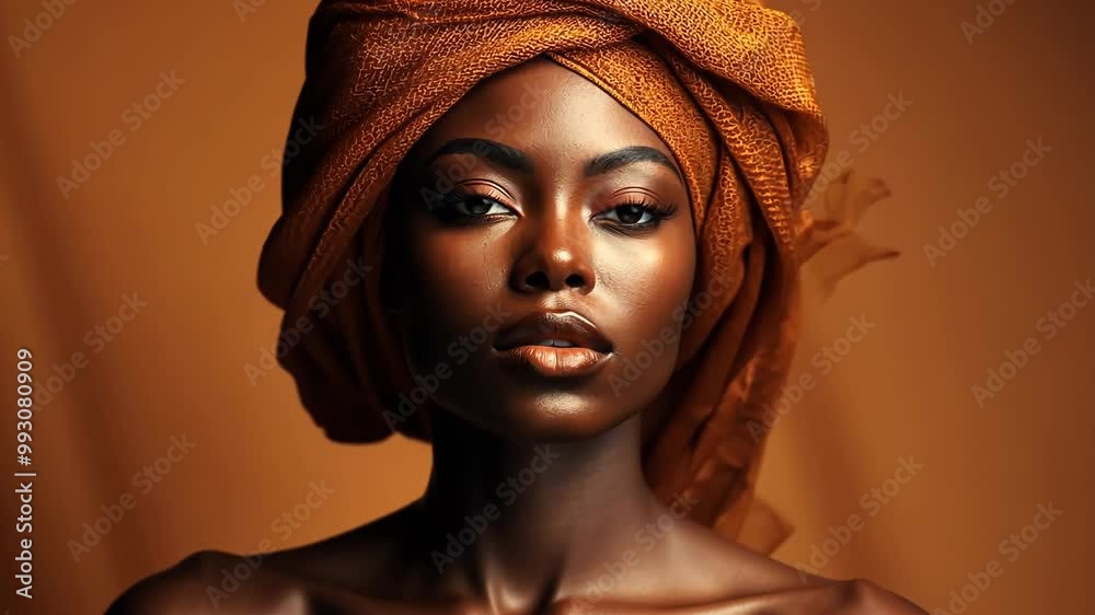 Portrait of African woman with orange headwrap and glowing skin in warm lighting, showcasing cultural beauty for fashion editorial or cosmetic campaign Portrait of African woman with orange headwrap and glowing skin in warm lighting, showcasing cultural beauty for fashion editorial or cosmetic campaign