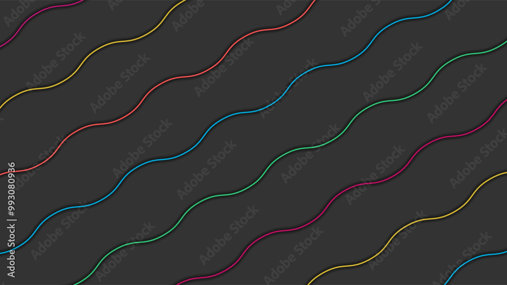 Colorful wavy lines on dark grey. A dark background with bright colored 3d stripes. Colorful wavy lines on dark grey. A dark background with bright colored 3d stripes.