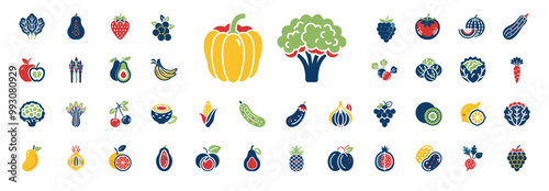 fruits vegetables colorful vibrant healthy eating icon collection, fiber health antioxidants minerals