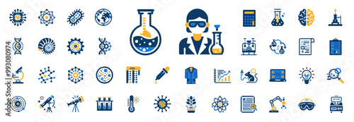 scientist researches, scientific theories concepts themed icon collection, atom solar system genetics evolution biology chemistry dna