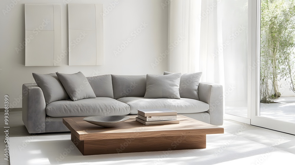 Fototapeta premium Minimalist living room with a simple gray sofa and wooden coffee table