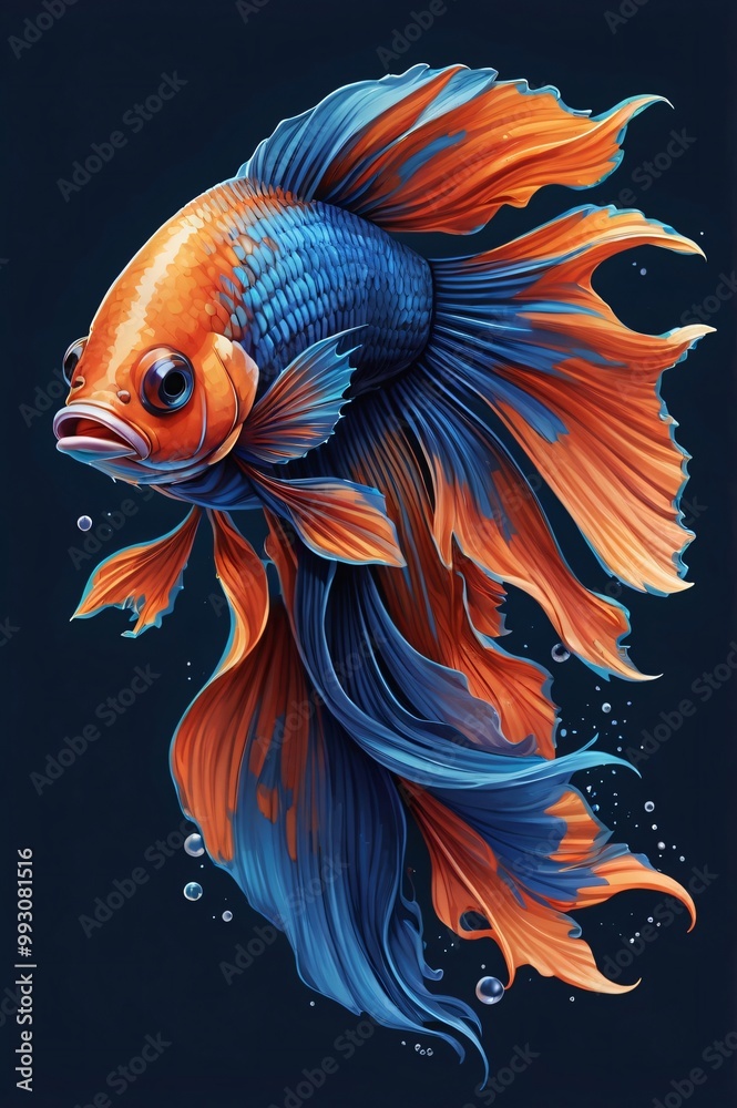 a Betta fish. The fish is depicted with a striking combination of bright blue and orange hues. a Betta fish. The fish is depicted with a striking combination of bright blue and orange hues.