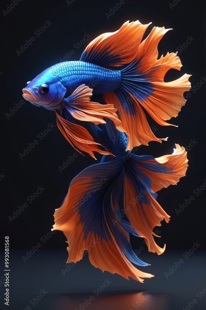 Fototapeta premium a Betta fish. The fish is depicted with a striking combination of bright blue and orange hues. 