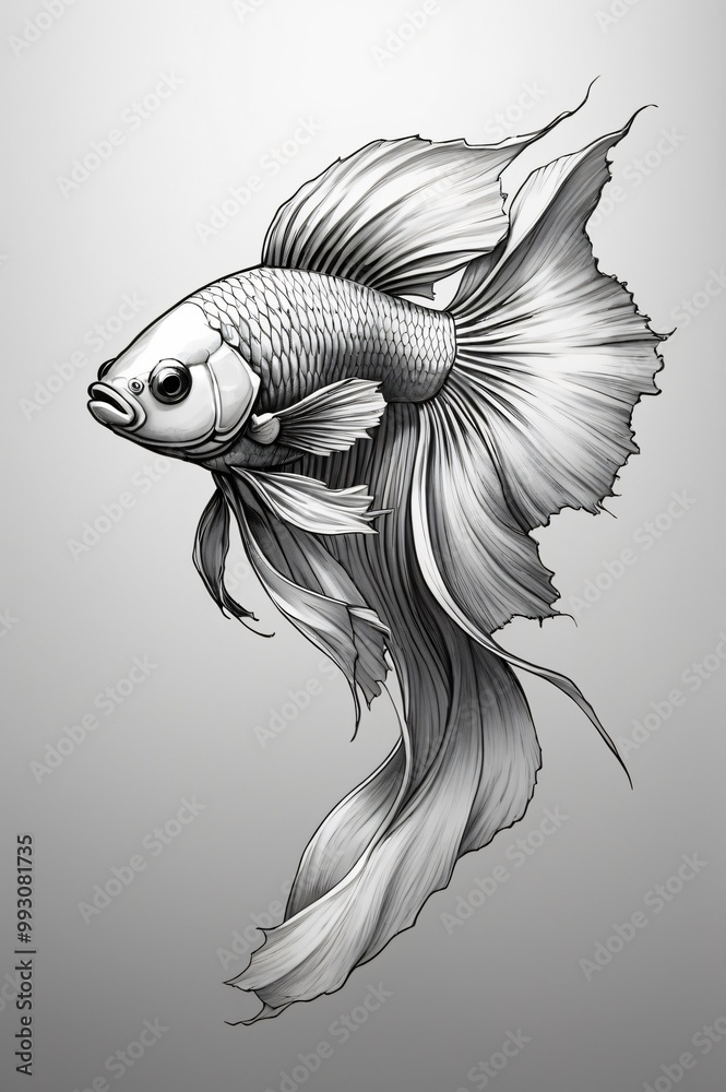 Obraz premium Black and white line drawing of a Betta fish, also known as a Siamese fighting fish
