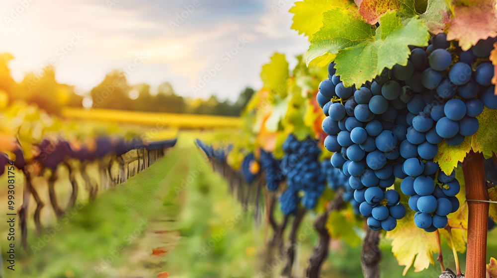 Fototapeta premium Vineyard with blue grapes hanging on the branches, vine leaves in autumn, blurred background of a wine field. 