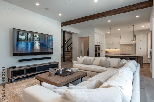 A white sectional sofa sits in a spacious living room. This photo shows a modern living room with a sectional sofa, coffee table, and a large flat-screen TV.