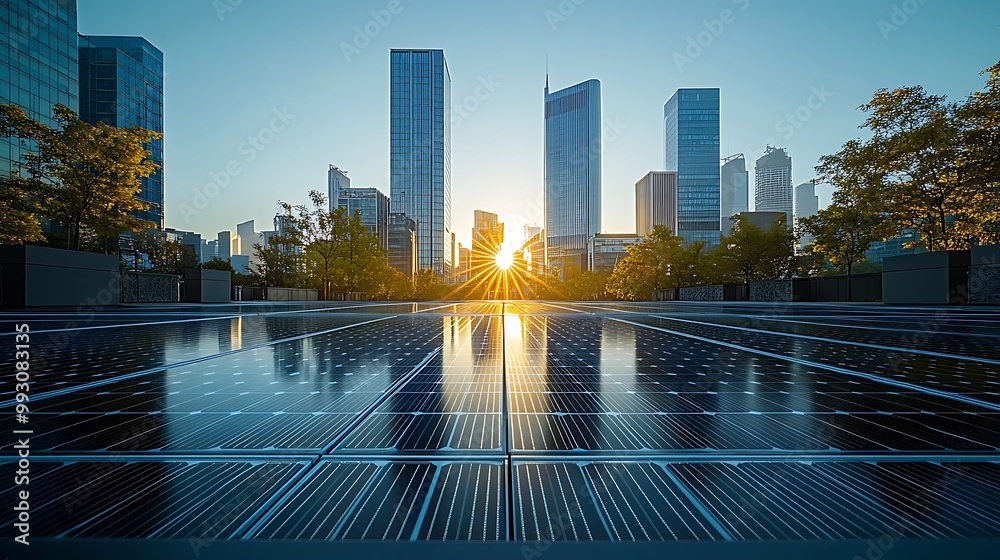 Fototapeta premium Solar panels on a corporate building rooftop, reflecting the midday sun, surrounded by a bustling cityscape, blending eco-friendly technology with modern architecture.