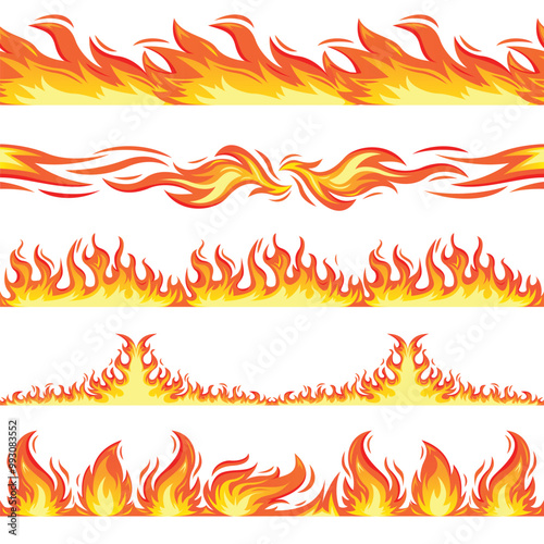 Fire Flames seamless borders in flat design