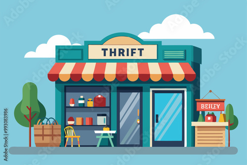 A colorful thrift shop showcases various items for sale outside, inviting customers to explore, Customizable thrift shop illustration with disproportionate features.