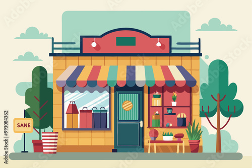 A charming thrift shop features a colorful awning, plants, and items displayed outside, inviting shoppers in, Customizable thrift shop illustration