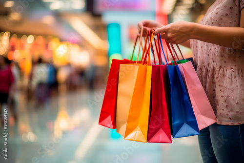 Woman shopping for colorful handbags in a trendy store, highlighting her fashion sense