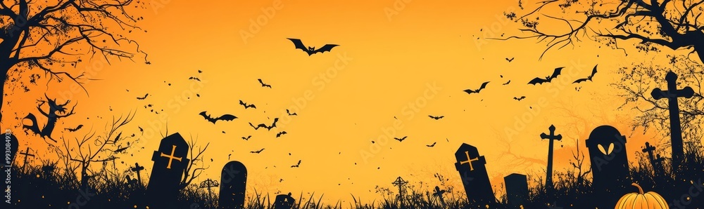 Festive Halloween Banner with Spooky Font and Silhouettes, Ideal for Vector Art and Advertising