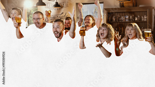 Contemporary art collage. Group cheers in unison, their blank torsos symbolizing how collective success in business can overshadow personal contributions. Concept of Oktoberfest, sport, fans, beverage