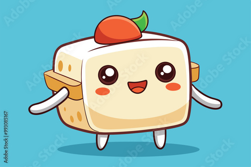 A cute tofu character displays a cheerful face, with arms and a topping, set against a vibrant blue backdrop, Customizable Tofu Cartoon