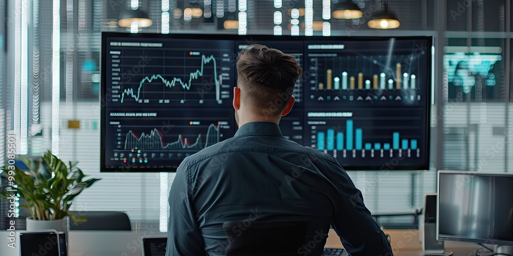 Business Analyst Looking at a Dashboard with Complex Graphs and Charts in a Corporate Office. Business Analyst Looking at a Dashboard with Complex Graphs and Charts in a Corporate Office.