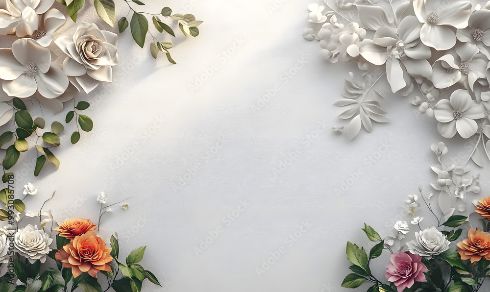 a white wall with a bunch of flowers on it and leaves on the side of the wall and a bunch of flowers on the other side of the wall. generative ai a white wall with a bunch of flowers on it and leaves on the side of the wall and a bunch of flowers on the other side of the wall. generative ai