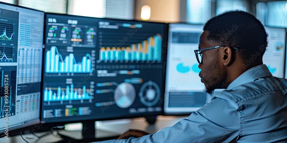 Business Analyst Looking at a Dashboard with Complex Graphs and Charts in a Corporate Office. Business Analyst Looking at a Dashboard with Complex Graphs and Charts in a Corporate Office.