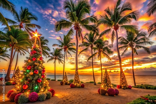 Experience a Hawaiian Christmas with palm trees lining the beach, colorful decorations, and a stunning sunset, creating